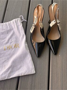 Dior Black Patent Pointed Slingback Heels with Branded Cream Strap